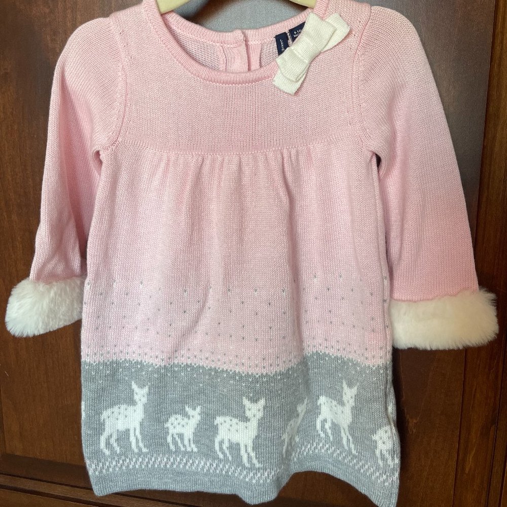 Janie & Jack Pink Sweater Dress with Deer Print & Faux Fur on Sleeves 6-12mo